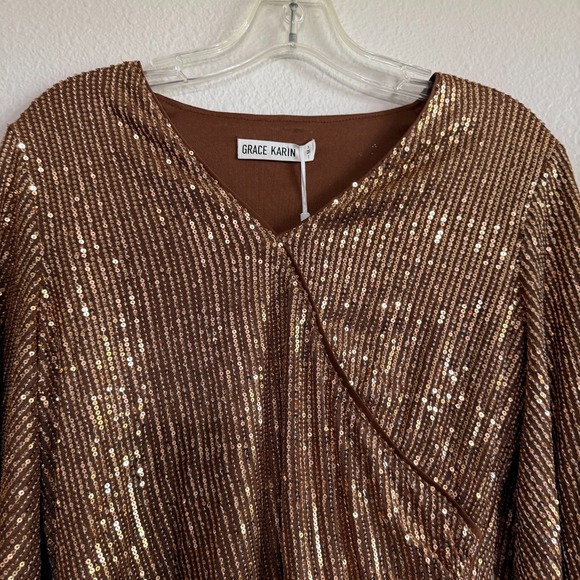 Grace Karin Sequin Top Women Medium Brown Glitter V-Neck 3/4 Sleeve Party Blouse - Picture 4 of 12
